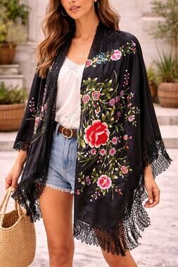 Black Floral Satin Fringe Shawl Wrap Boho Embroidered Style Statement Scarf